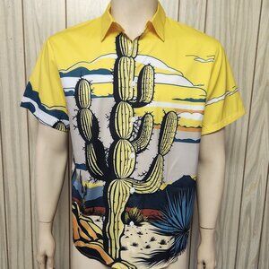 cactus print men's shirt L bold desert art yellow